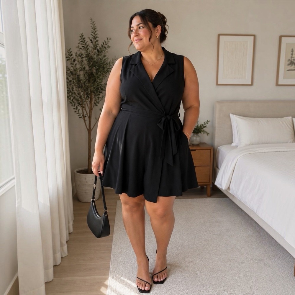 Arula Black Sleeveless Wrap Romper Tie Waist Dress Look Size B